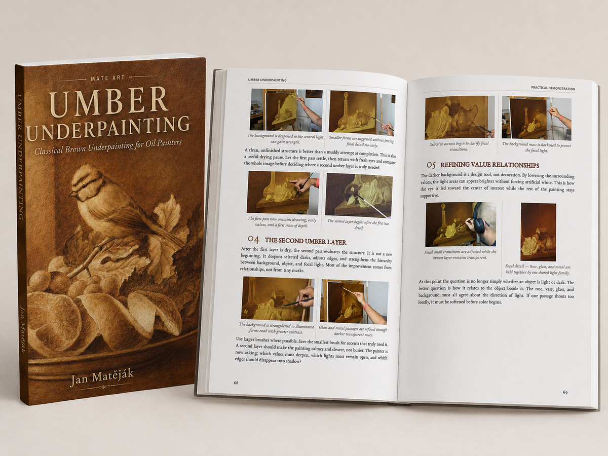 Umber Underpainting book mockup with interior pages showing the second umber layer and value refinement