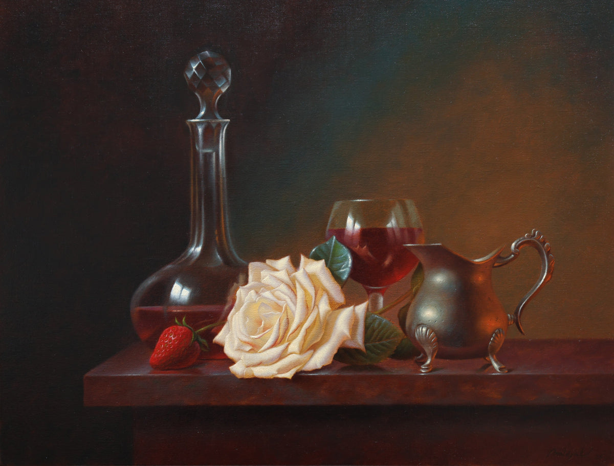 Finished classical still life with crystal decanter, rose, wine glass and silver vessel by Jan Matejak