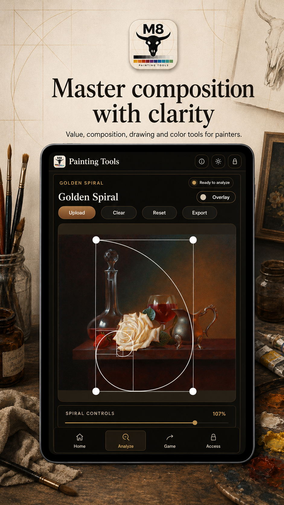 M8 Painting Tools Golden Spiral composition tool shown on a tablet, included with the Academy